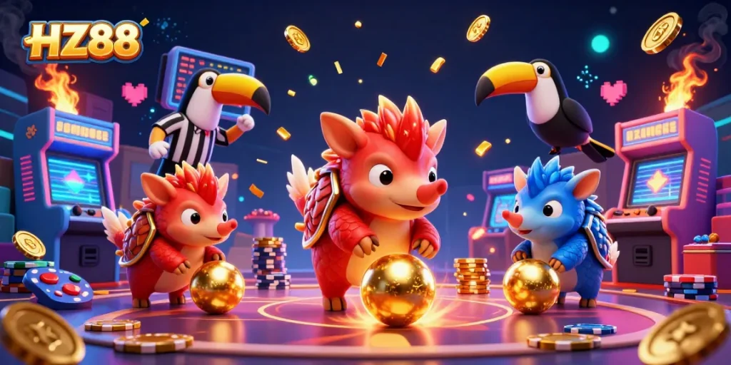 Engage in thrilling gameplay with HZ88's vibrant casino scene, featuring colorful pangolins and dynamic game elements.