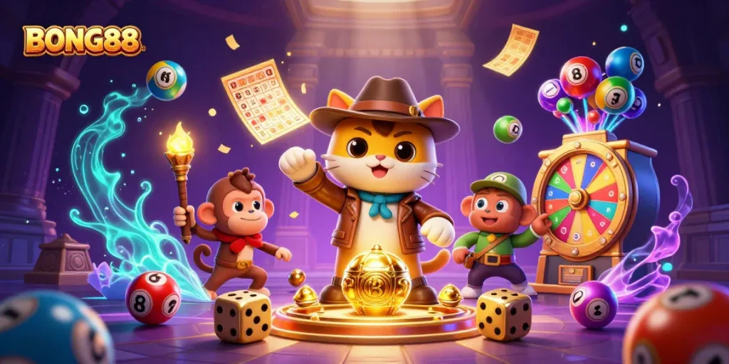 BONG88's vibrant casino adventure illustrated with an explorer cat and monkey companion discovering treasures.